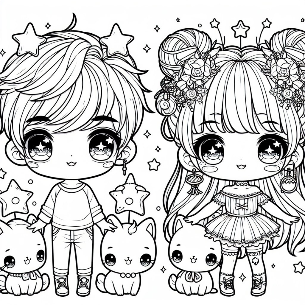 little twin stars with their pets coloring page