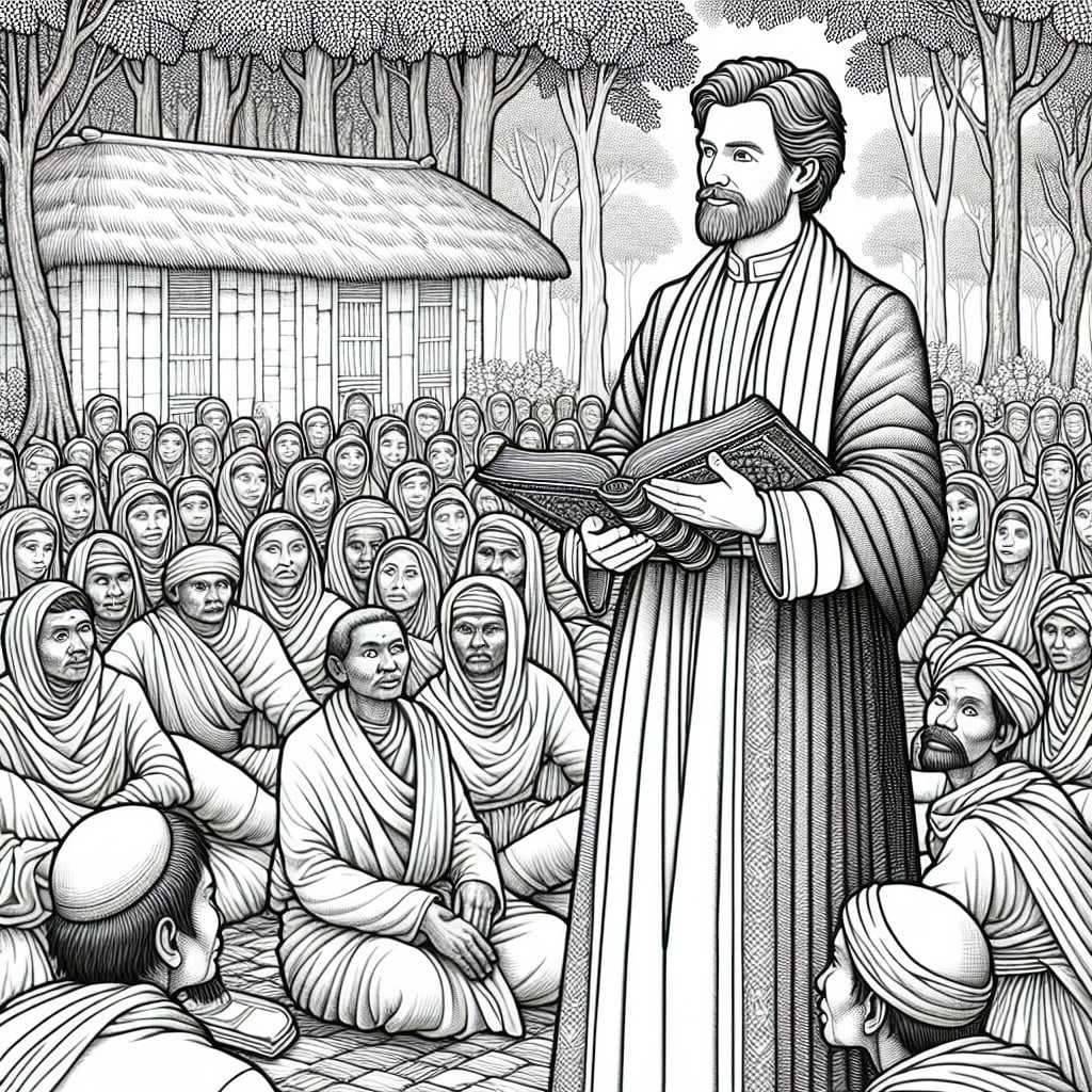 missionary teaching natives coloring page
