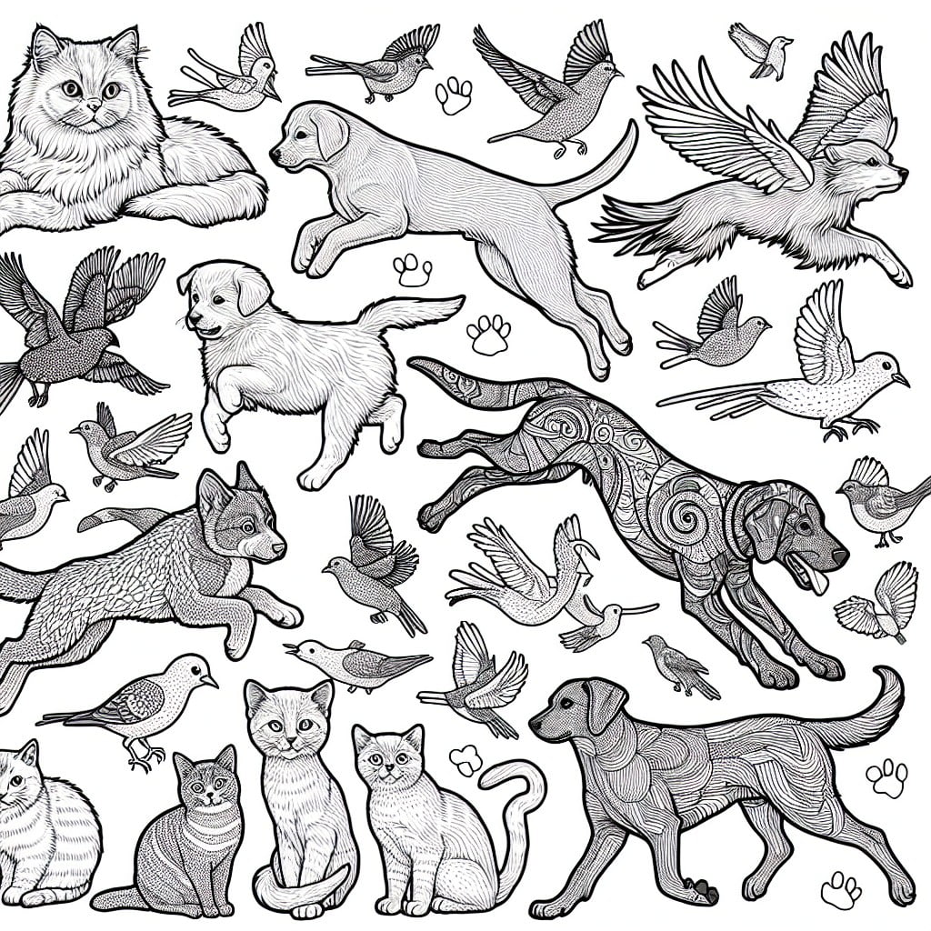 coloring page of pets in motion