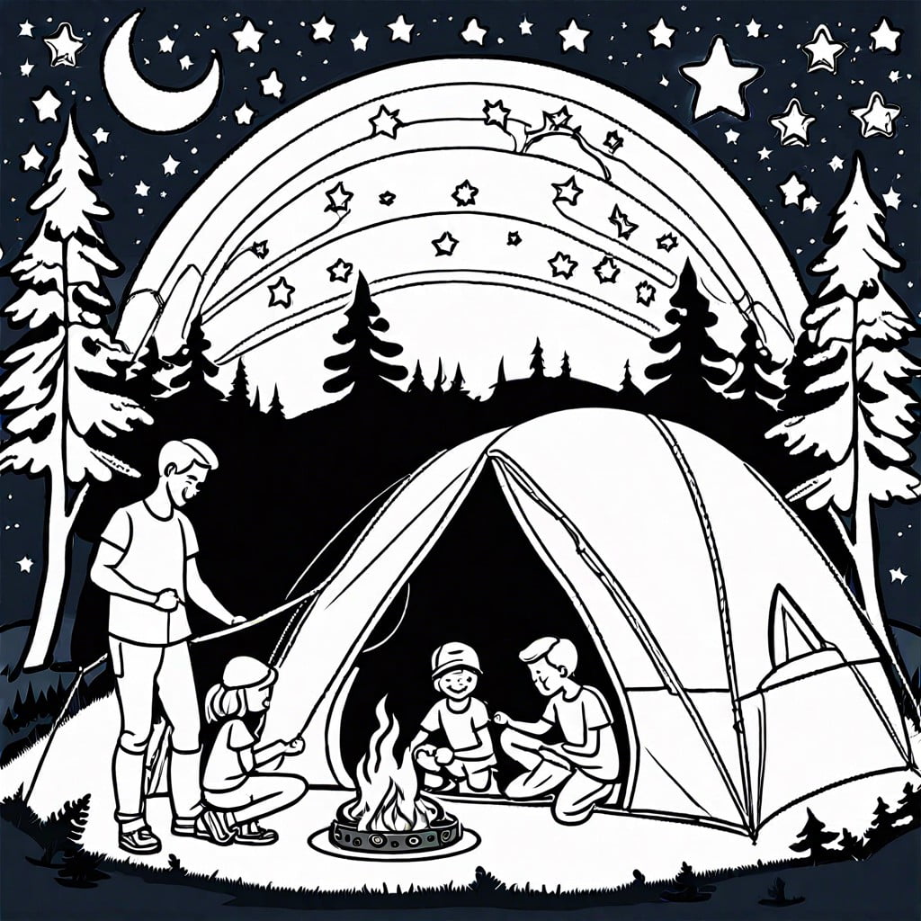 a family setting up a tent under a starry night sky