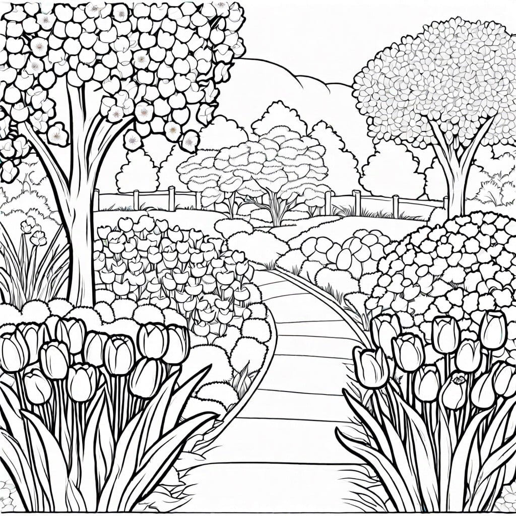 a garden scene with assorted flowers in bloom