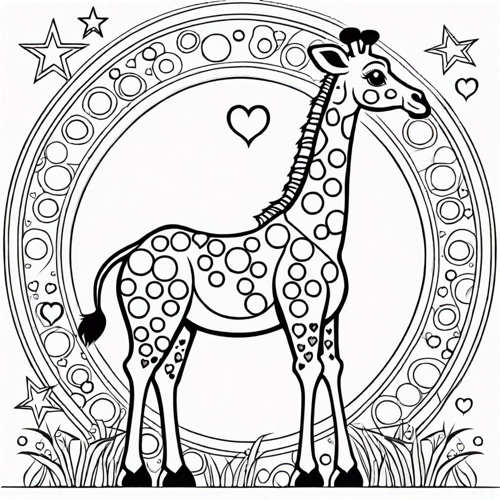 a giraffe with patterned spots hearts stars circles