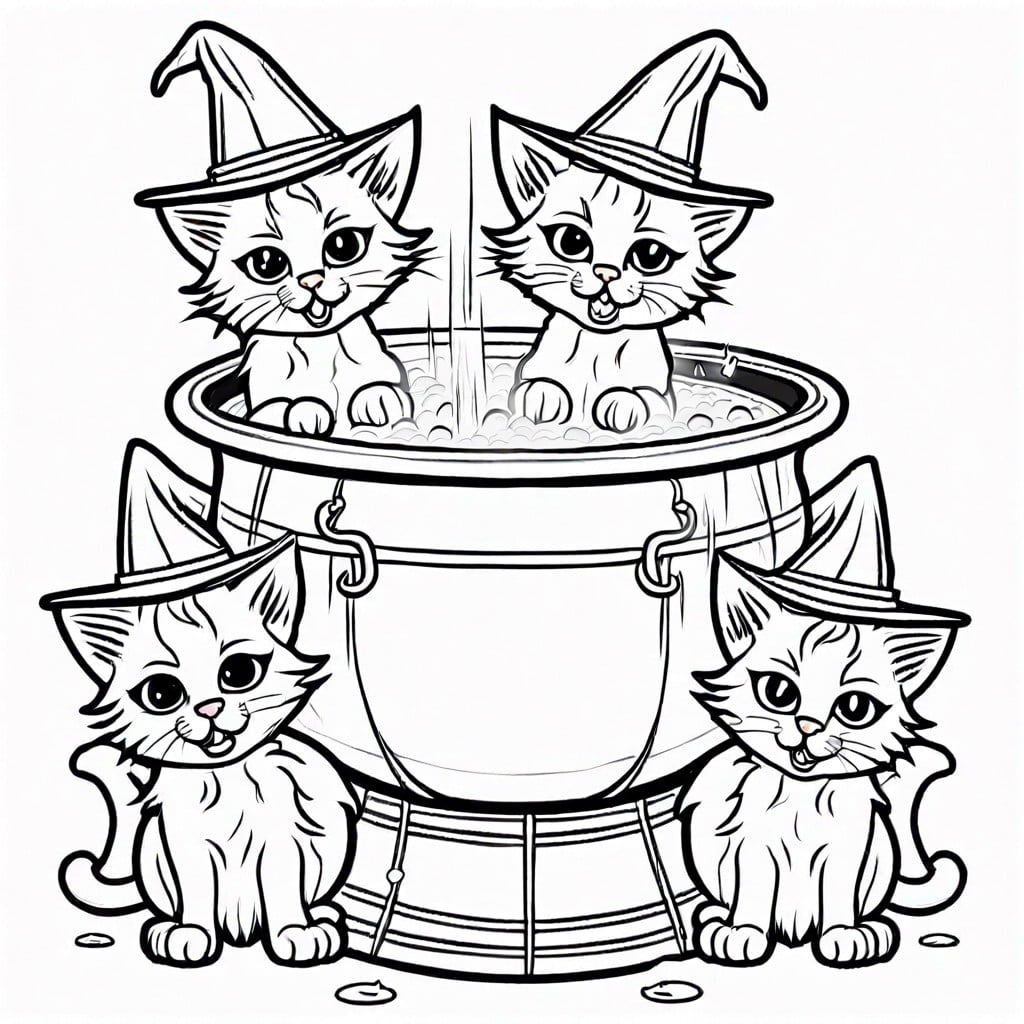 a group of kittens dressed as witches stirring a cauldron