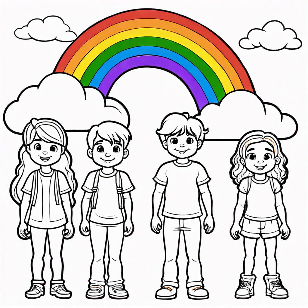 a group of seven characters each colored in one of the rainbow hues standing together on a fluffy cloud