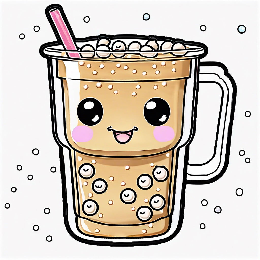 a kawaii style boba tea with smiling faces on the pearls