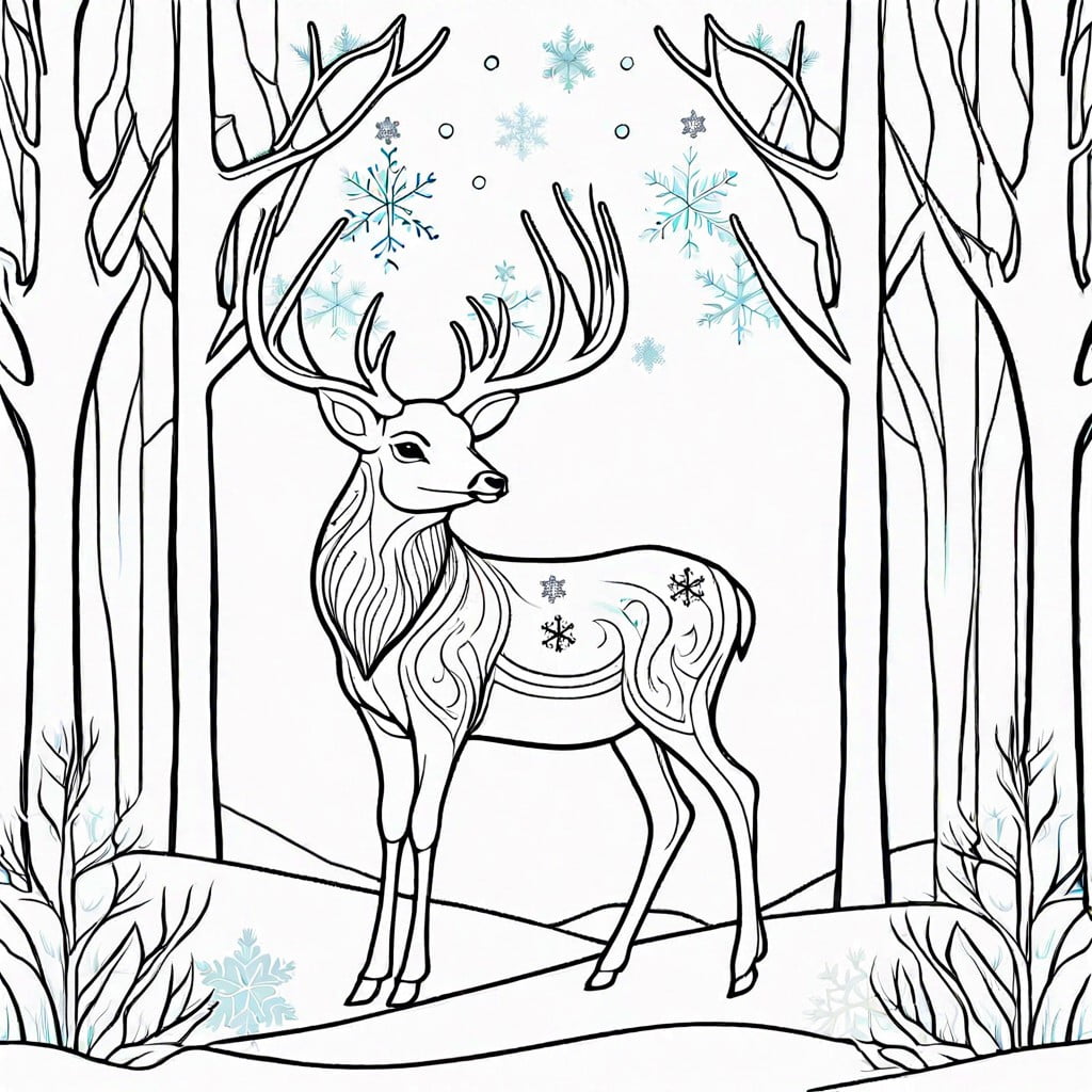 a peaceful deer in a serene forest setting with gentle snowfall