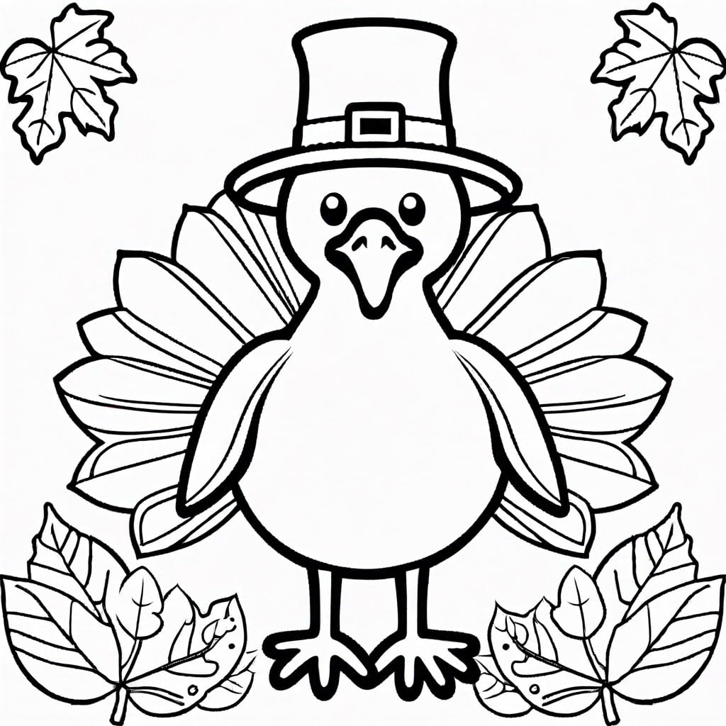 a plump turkey wearing a pilgrim hat surrounded by autumn leaves