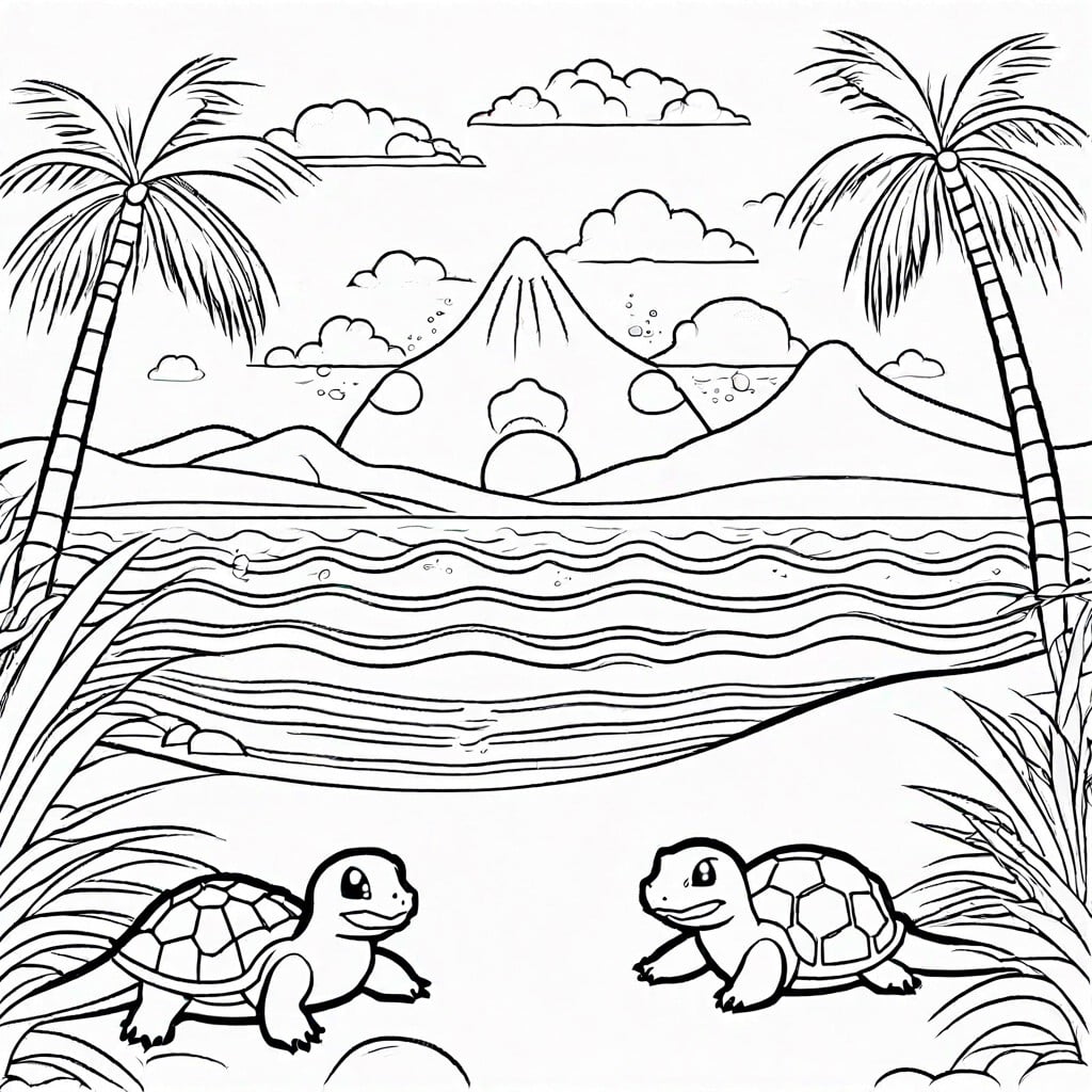 a serene beach scene with lapras and squirtle