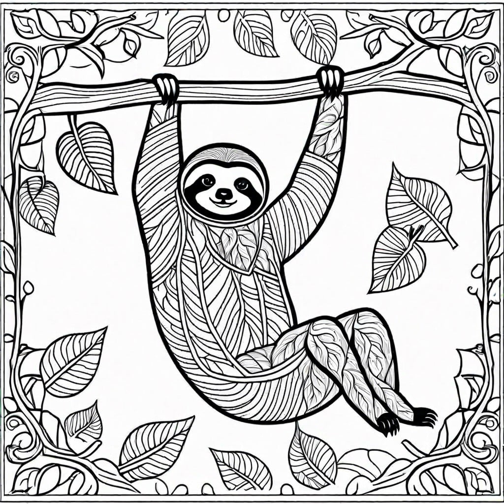a sloth hanging from a tree with intricate leaf patterns to color