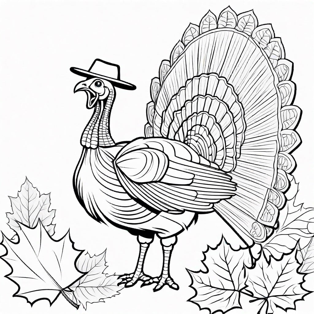 a turkey wearing a pilgrim hat surrounded by fall leaves