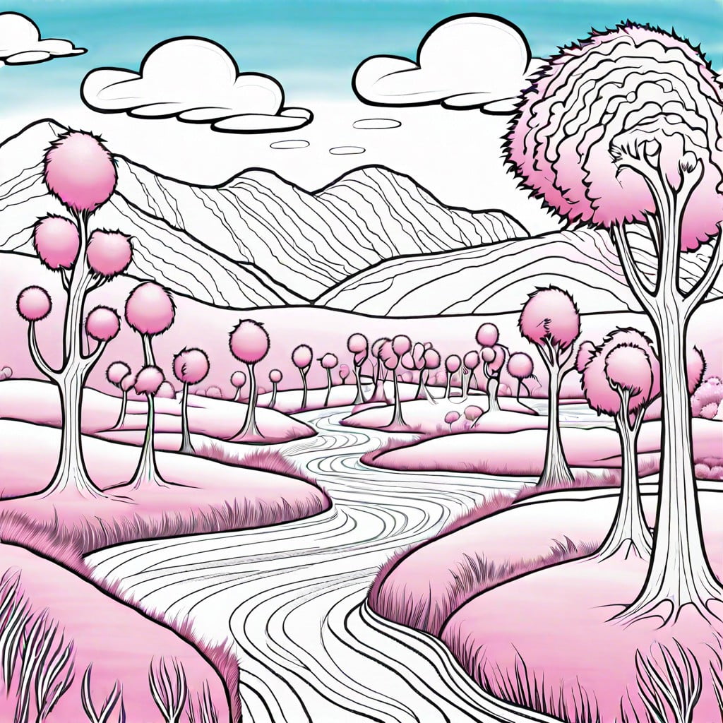 a whimsical seuss landscape with truffula trees and a flowing river of pink ink