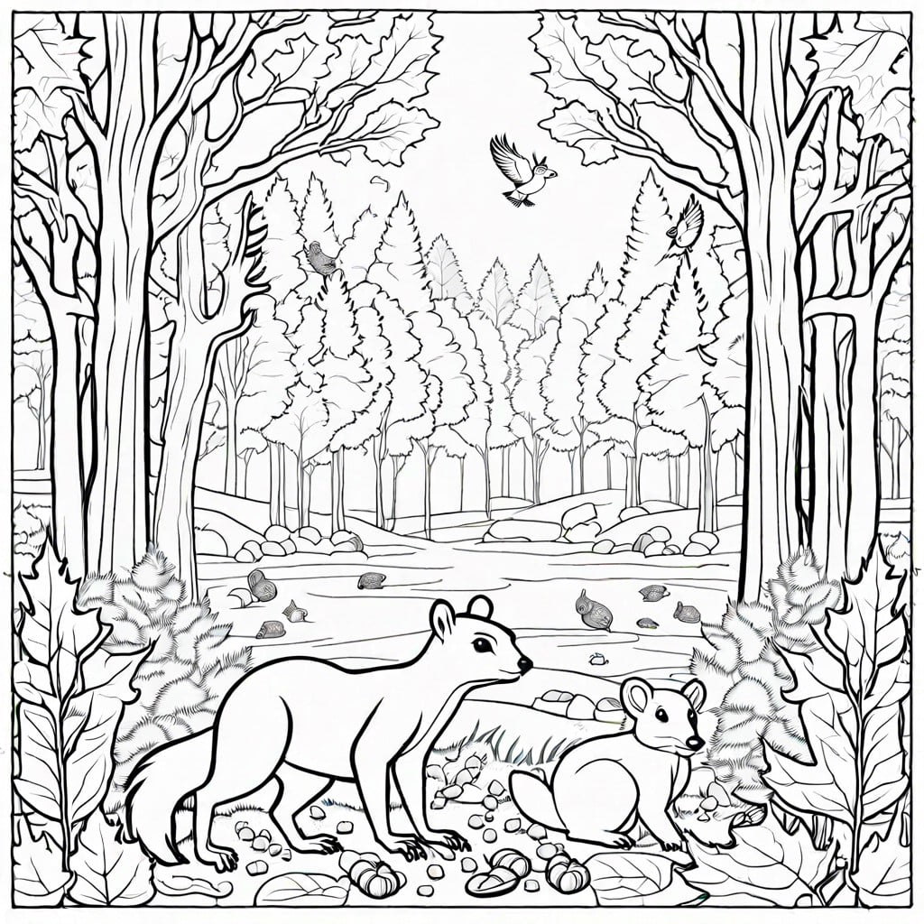 a woodland scene with falling leaves and forest animals preparing for winter