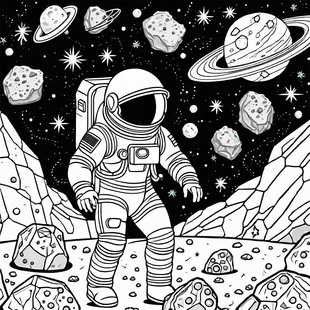 astronaut exploring a whimsical asteroid field