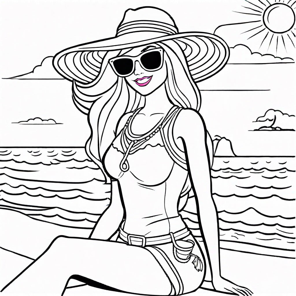 barbie at the beach wearing sun hat and sunglasses
