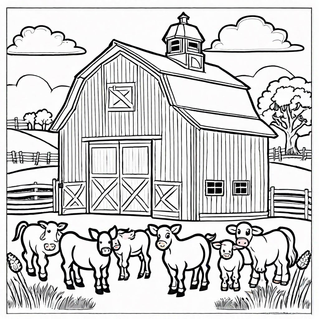 barnyard bonanza a lively scene of farm animals congregating around a classic red barn