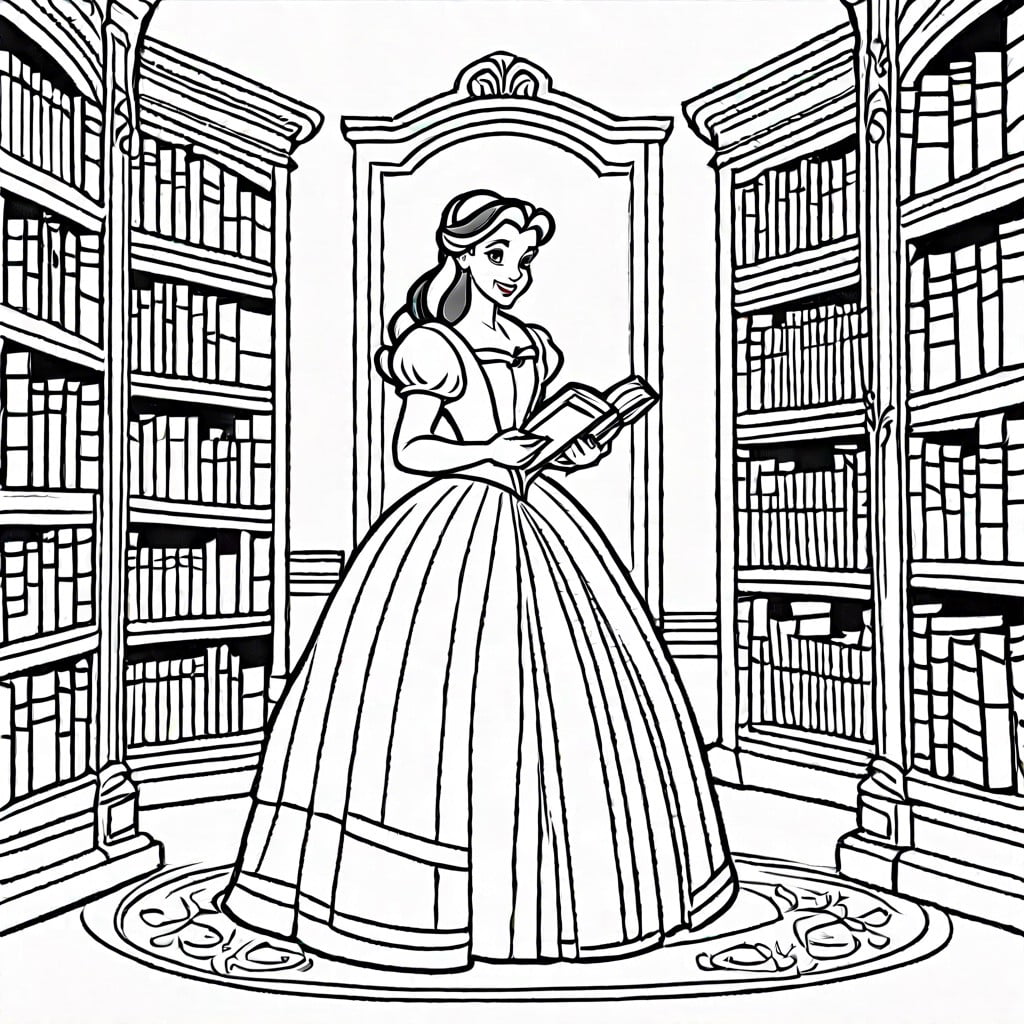 belle in the library surrounded by books