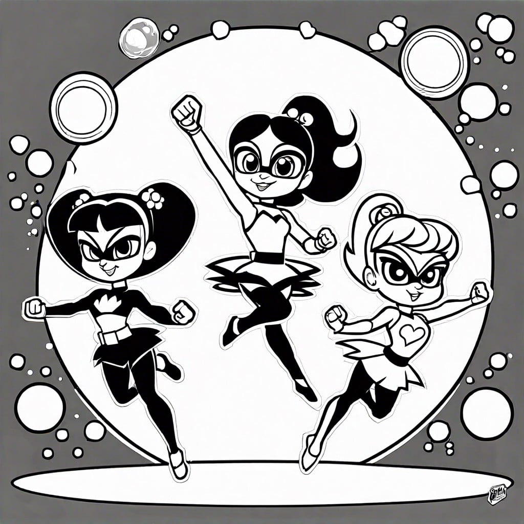 blossom bubbles and buttercup in a superhero action pose