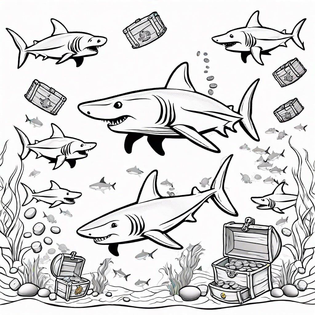 cartoon sharks dressed as pirates searching for treasure underwater