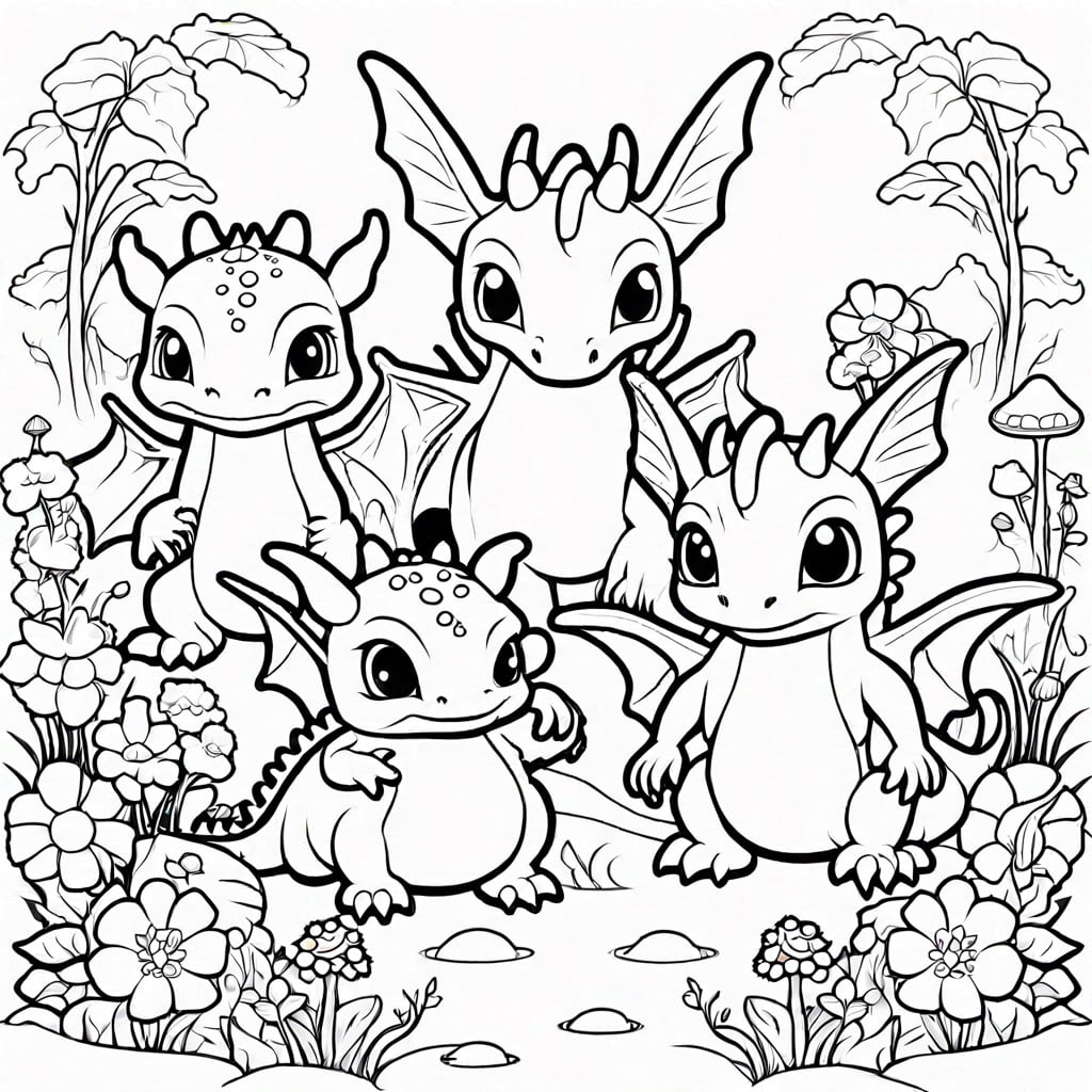 chibi dragons in a whimsical garden