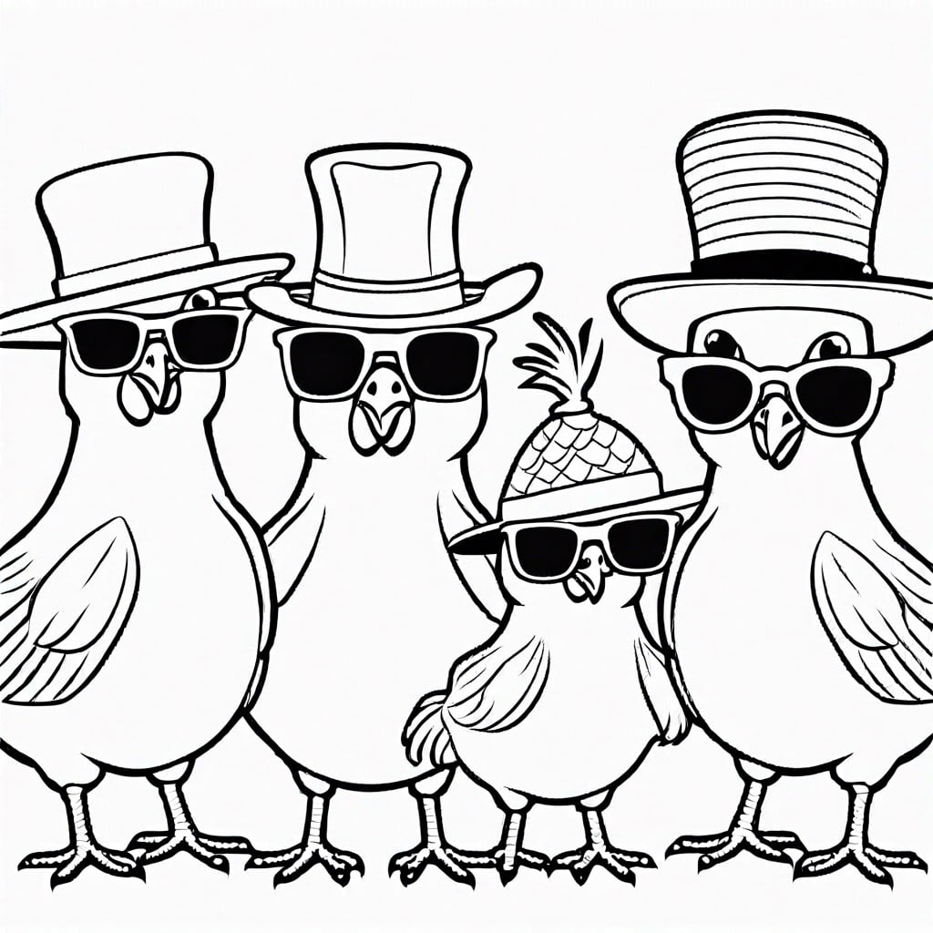 chickens wearing hats and sunglasses