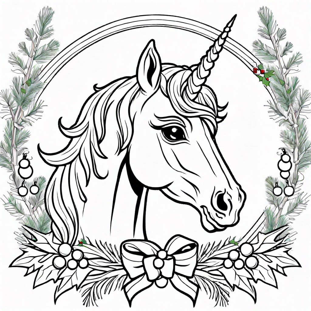 christmas unicorn with a wreath
