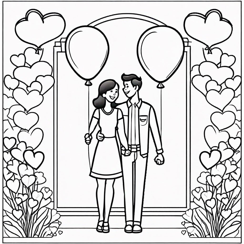 couples holding hands with a heart shaped balloon floating above