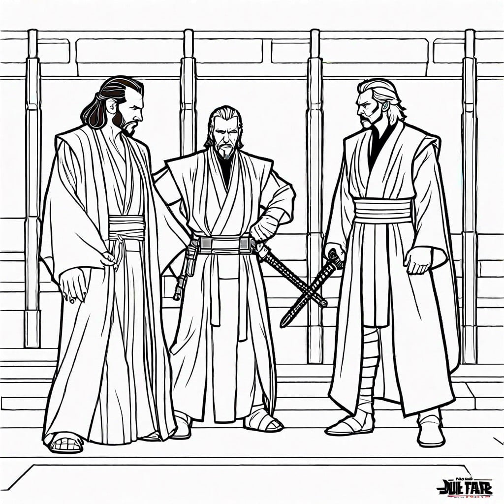 duel of fates coloring page featuring the epic battle between qui gon jinn obi wan kenobi and darth maul