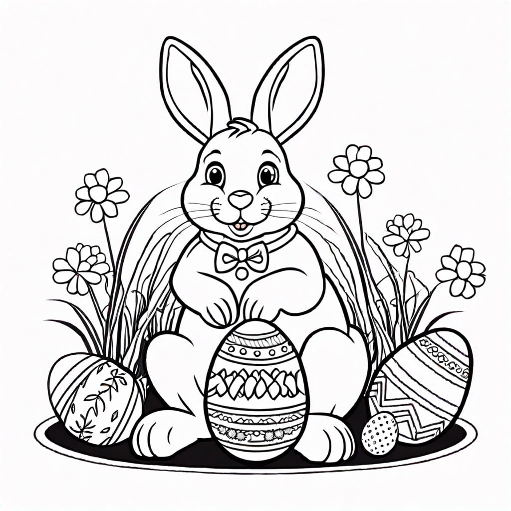 easter bunny with decorated eggs in a basket