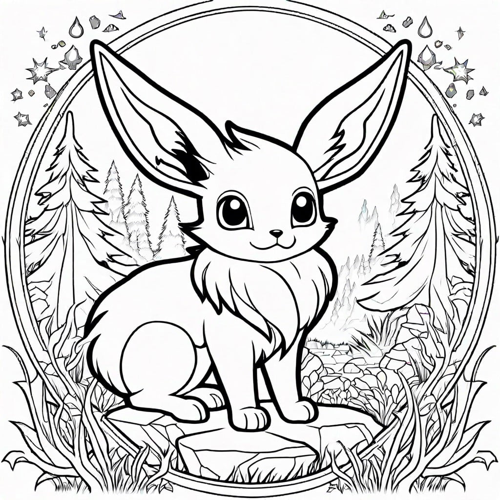 eevee in a whimsical forest surrounded by elemental stones