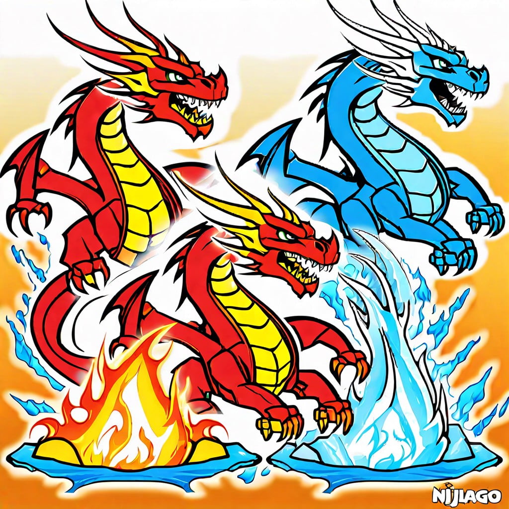 elemental dragons coloring scenes of the ninjago characters riding their respective elemental dragons