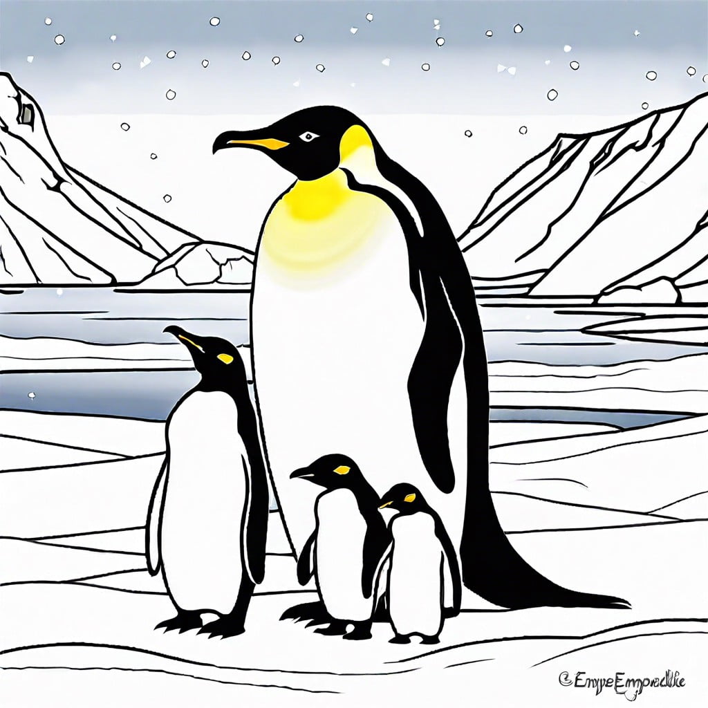 emperor penguin family featuring adult and chick penguins in their natural antarctic habitat