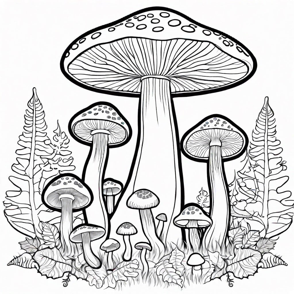 enchanted forest mushroom page featuring various types of mushrooms amidst twisted trees and ferns