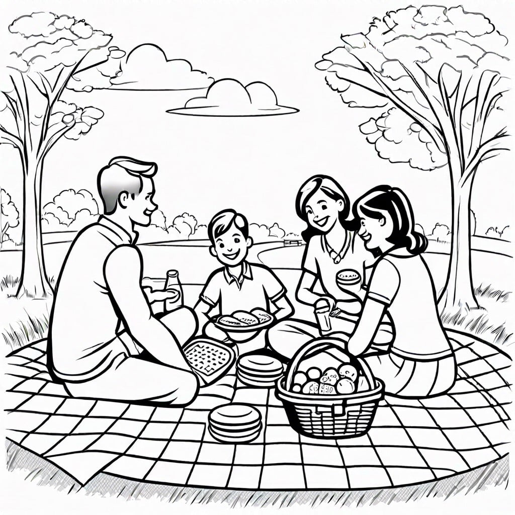 family picnic scene with a checkered blanket and a basket