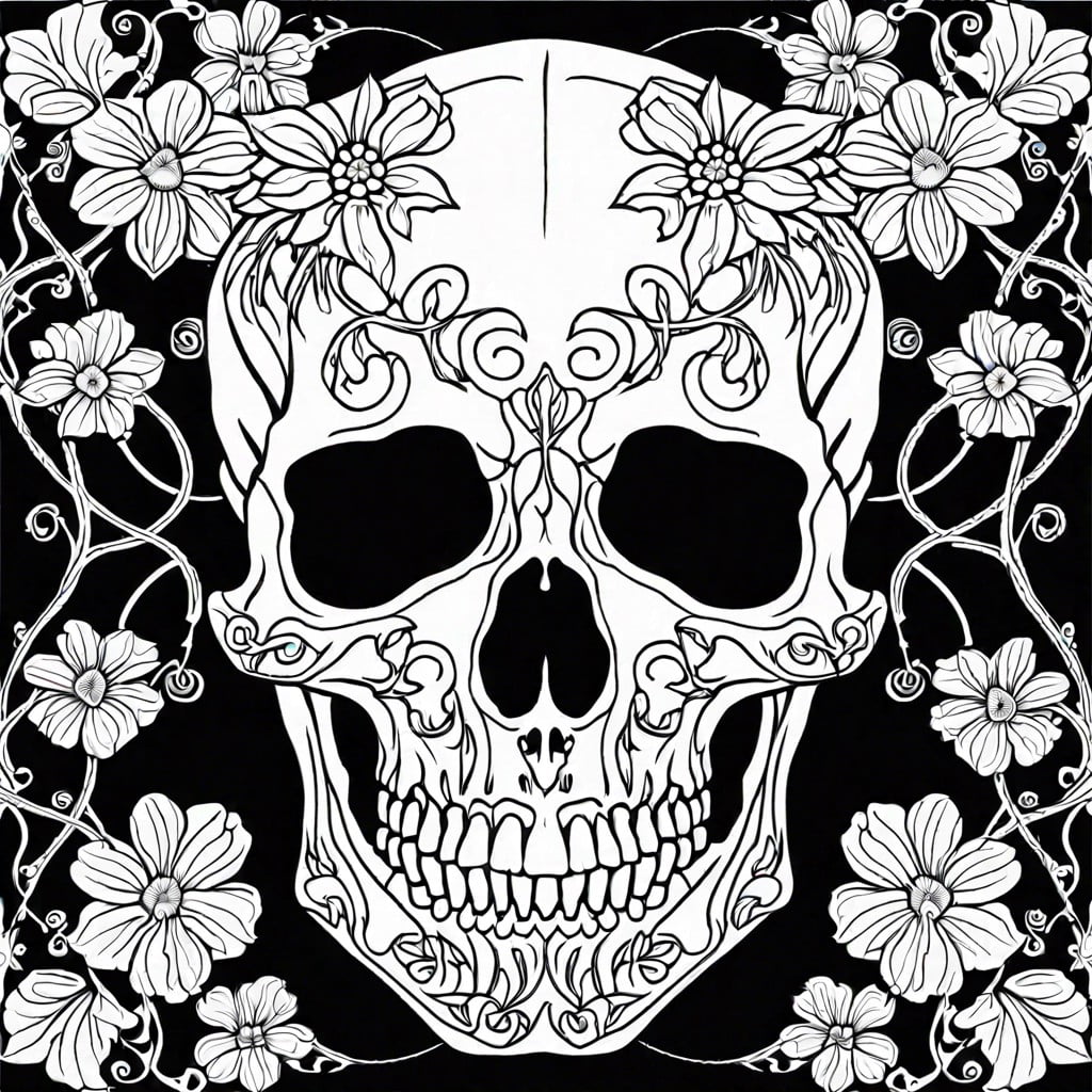 floral skull a detailed human skull adorned with a variety of intricate flowers and vines