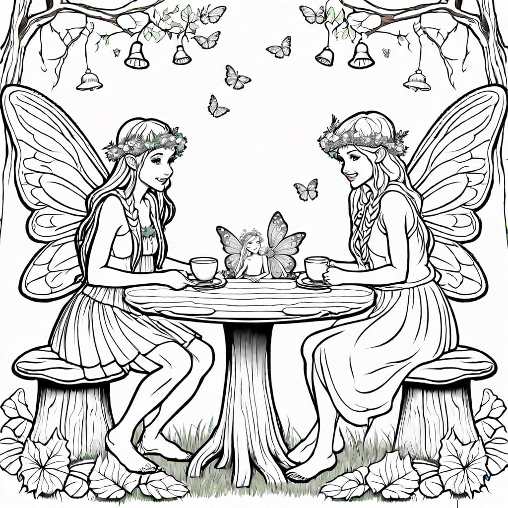 forest fairy council – fairies with various wings and attire gathered around a woodland table