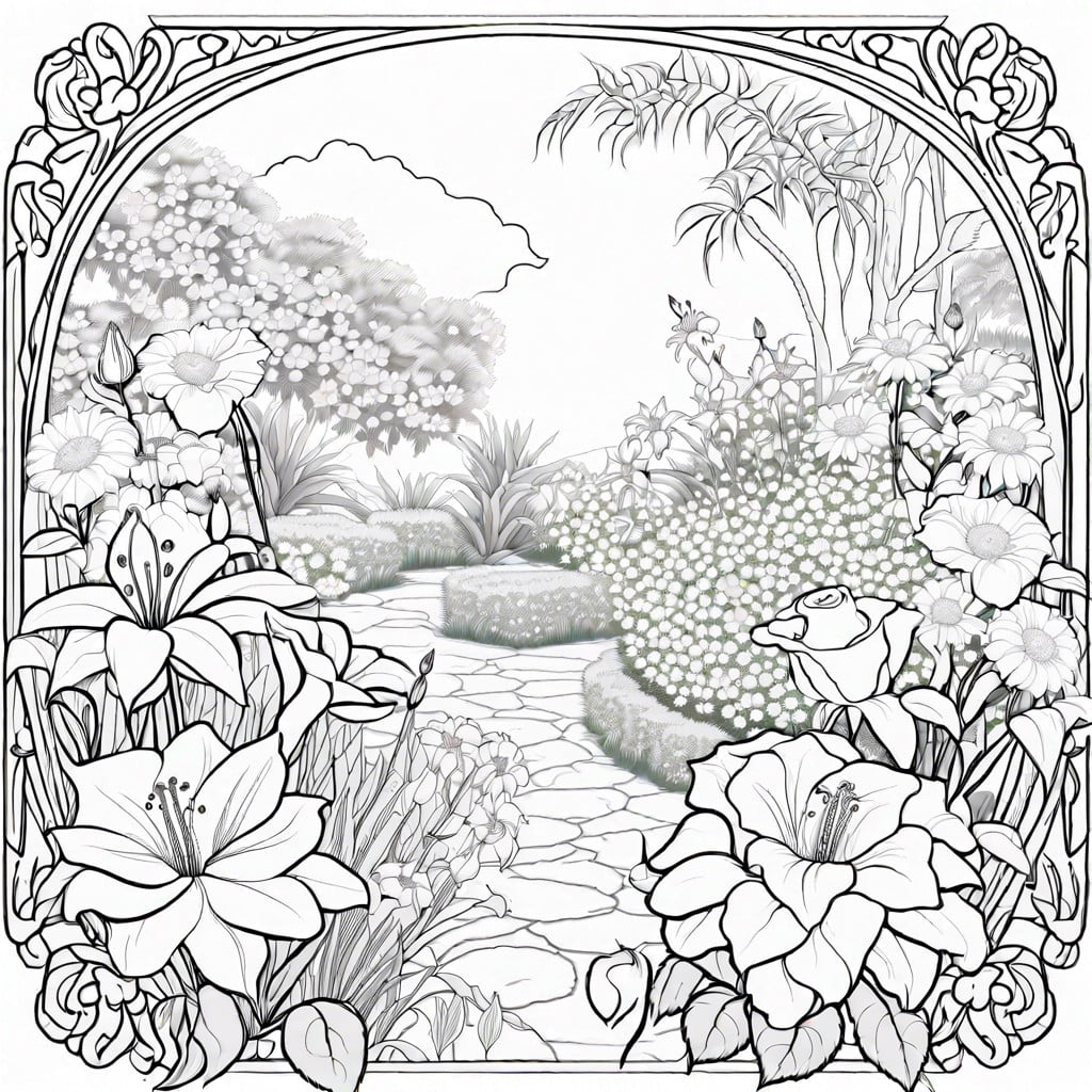 garden oasis an intricate coloring page featuring a variety of flowers in a lush garden setting