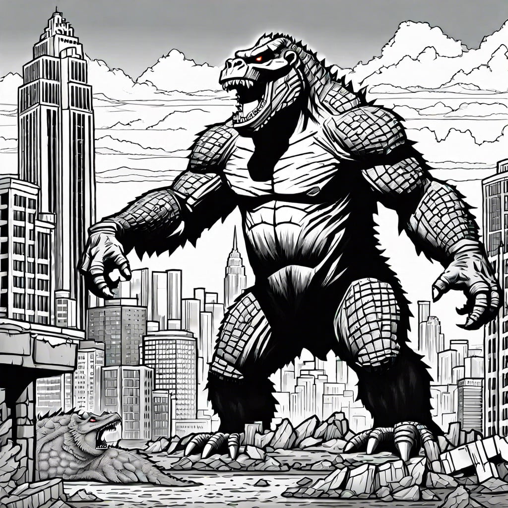 godzilla vs. king kong showdown in a crumbling cityscape