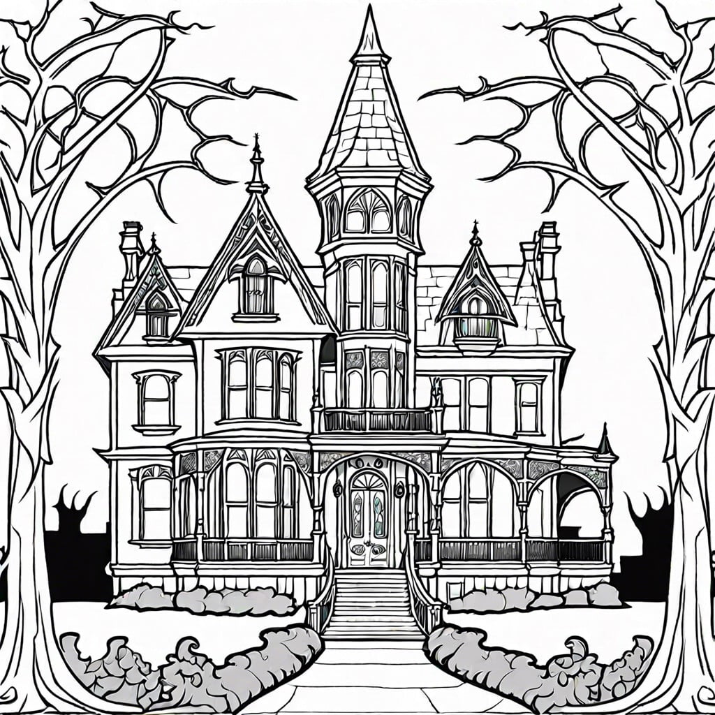 haunted victorian mansion scene with ghosts in the windows