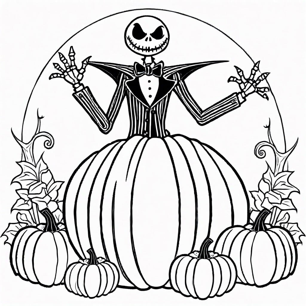 jack skellington in his pumpkin king attire amidst a sea of pumpkins