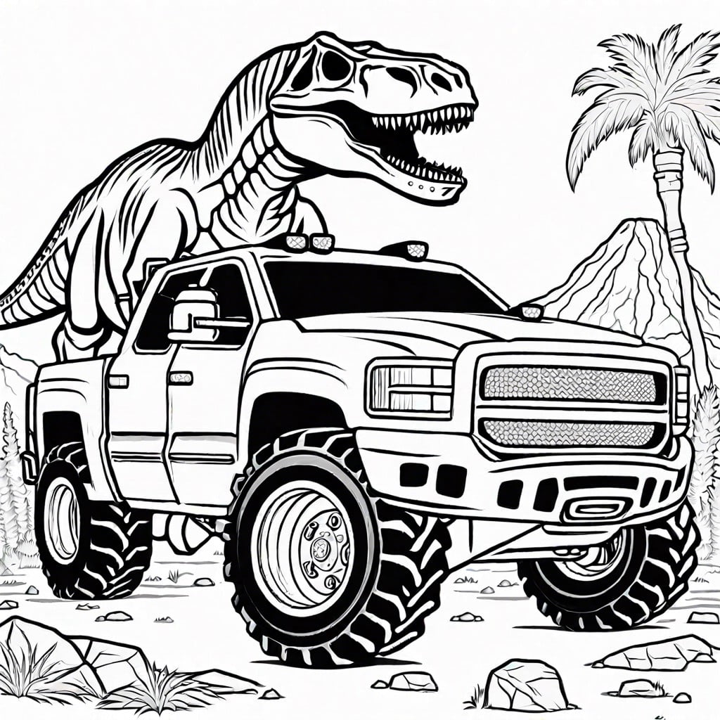 jurassic giant a monster truck with dinosaur scales and a t rex skull on the front