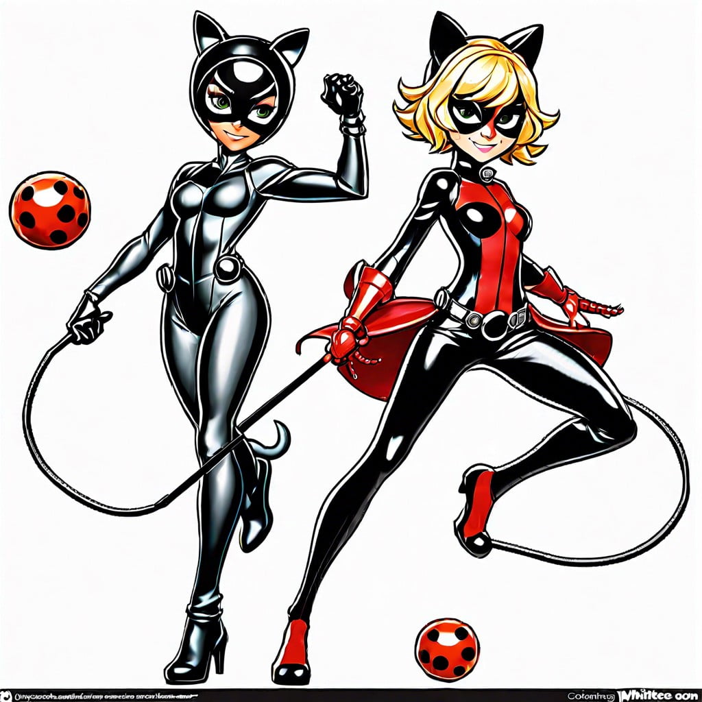 ladybug and cat noir poised back to back ready for action