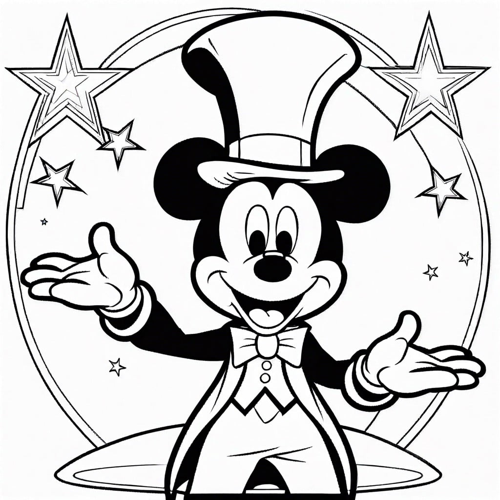 mickey mouse as a magician with a wand and cape surrounded by stars