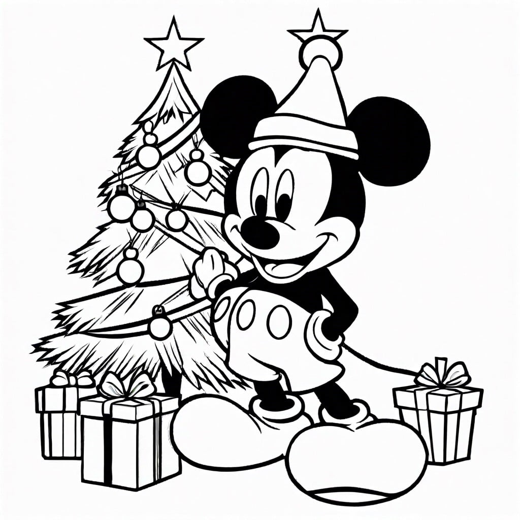 mickey mouse decorating a christmas tree