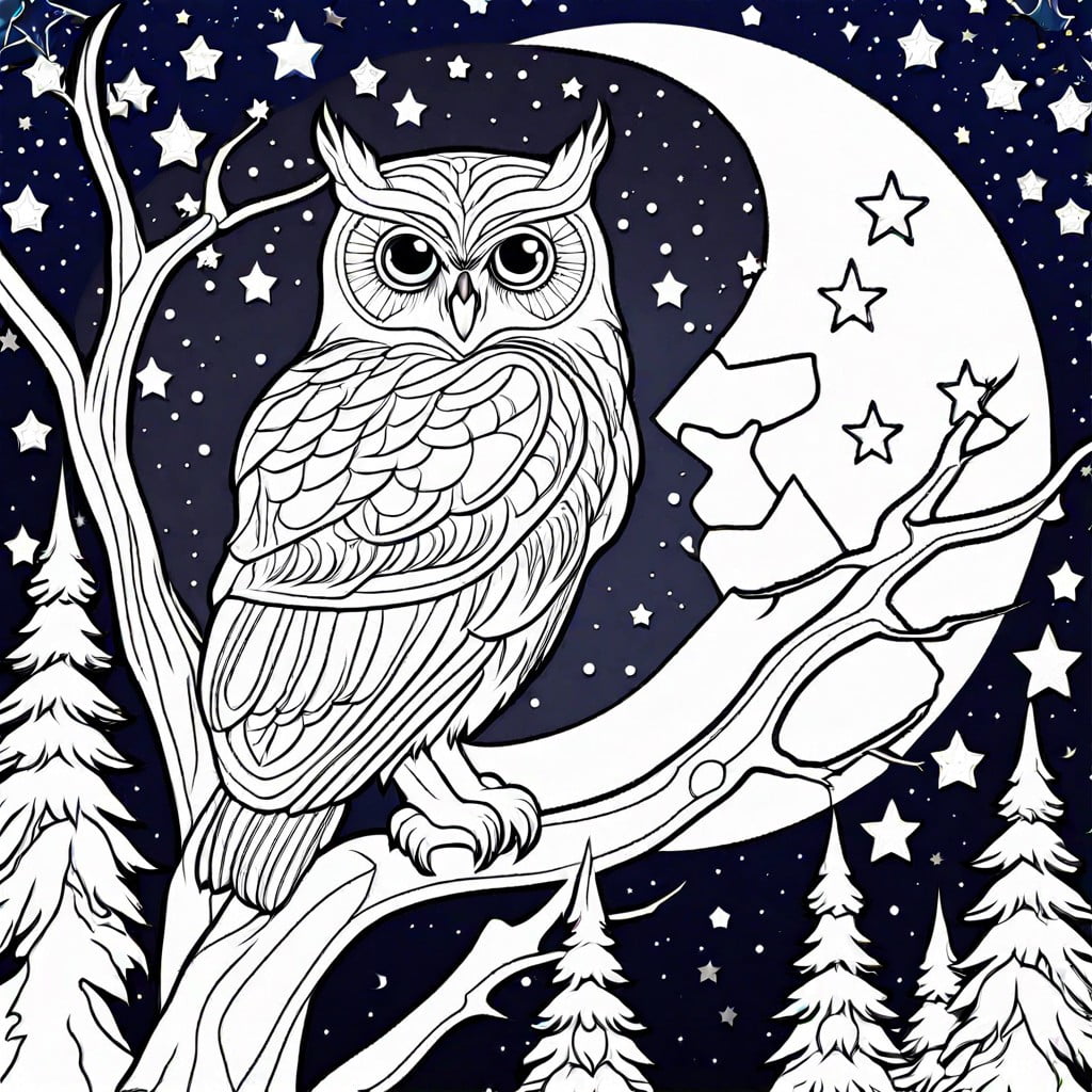 midnight forest owl – featuring an owl perched on a branch with a starry night backdrop