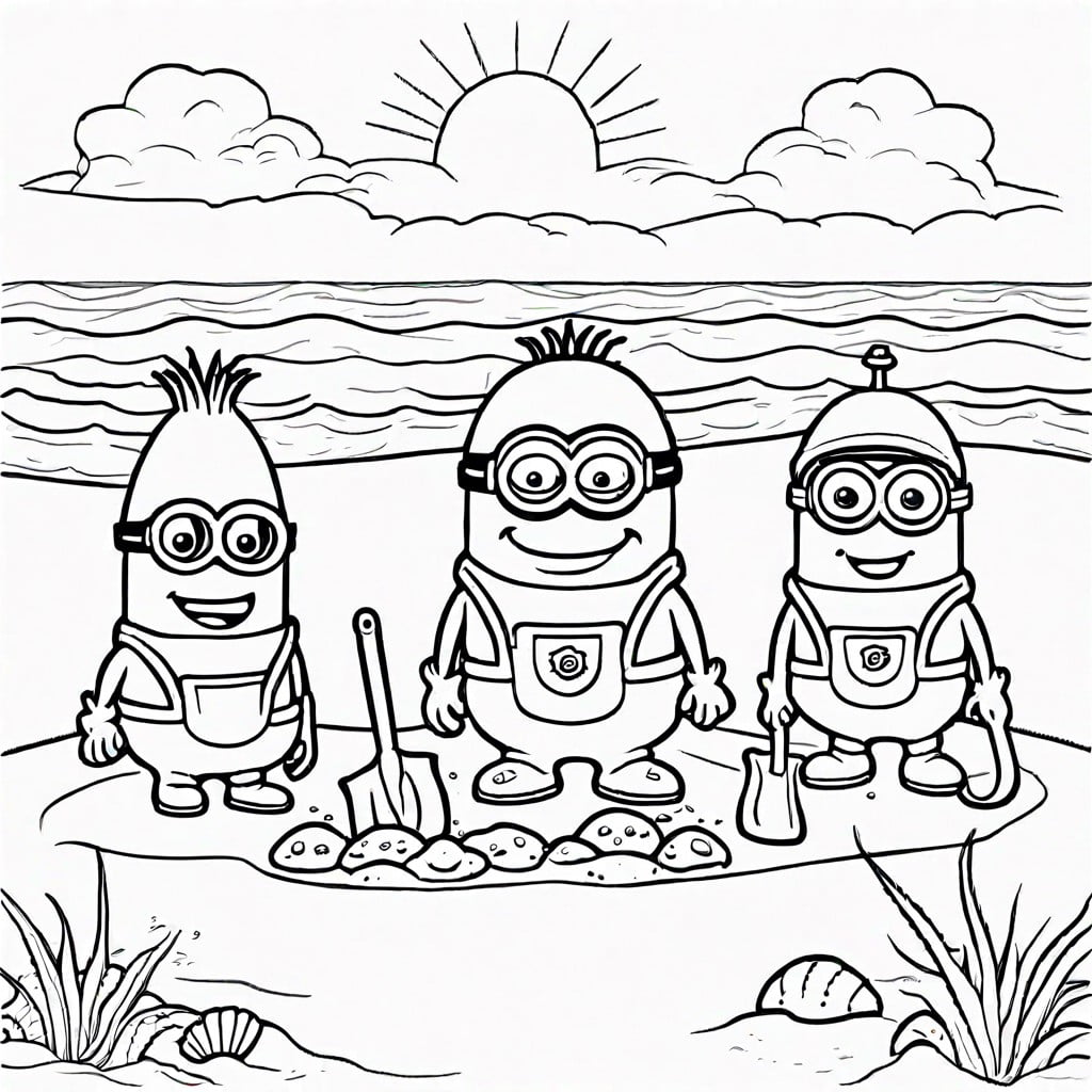 minions at the beach building a sandcastle