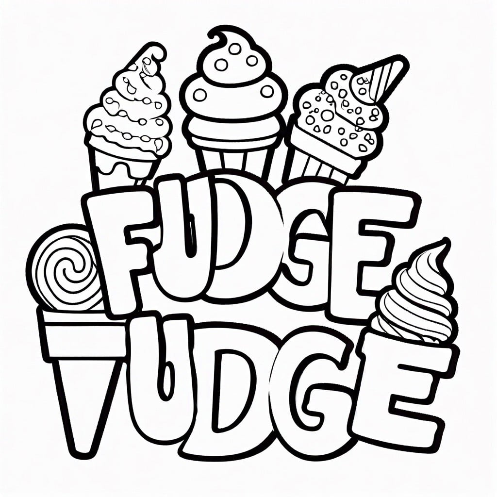 oh fudge in bubble letters surrounded by whimsical ice cream and candy designs