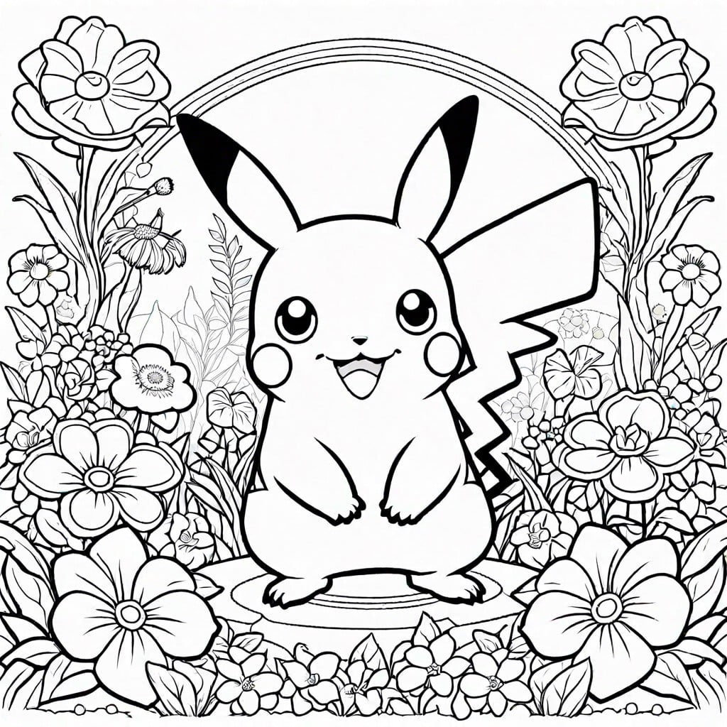 pikachu in a garden flowers and greenery around a joyous pikachu