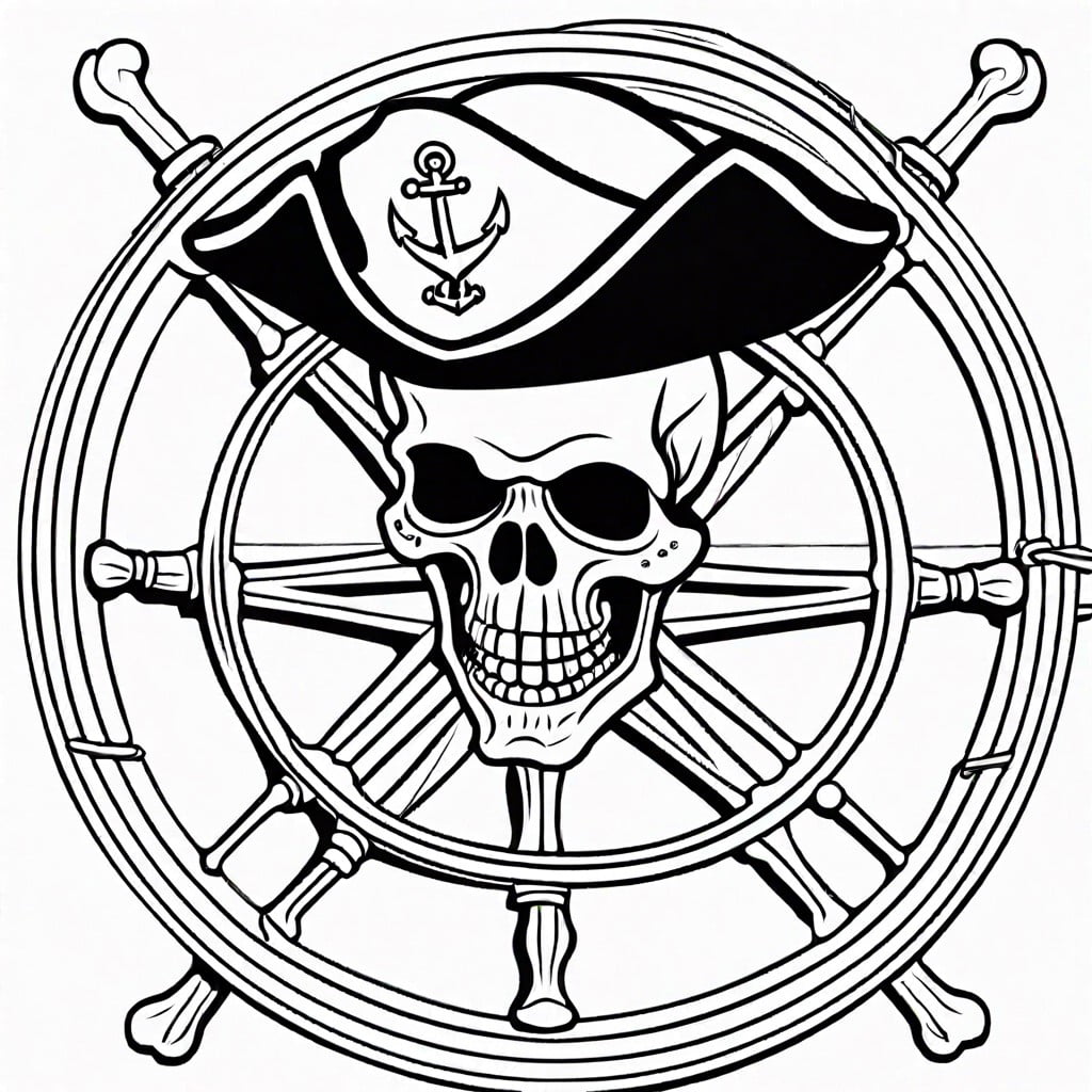 pirate skeleton steering a ship