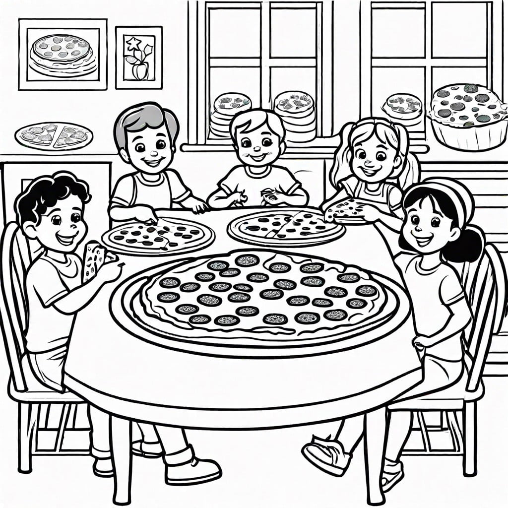 pizza party scene kids and pets gathered around a table coloring different pizzas
