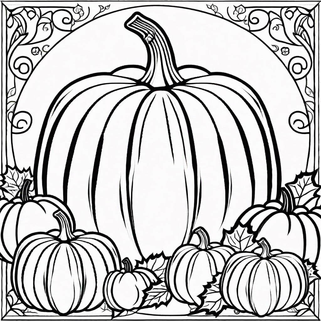 pumpkin in a patch with varying sizes of pumpkins and vines